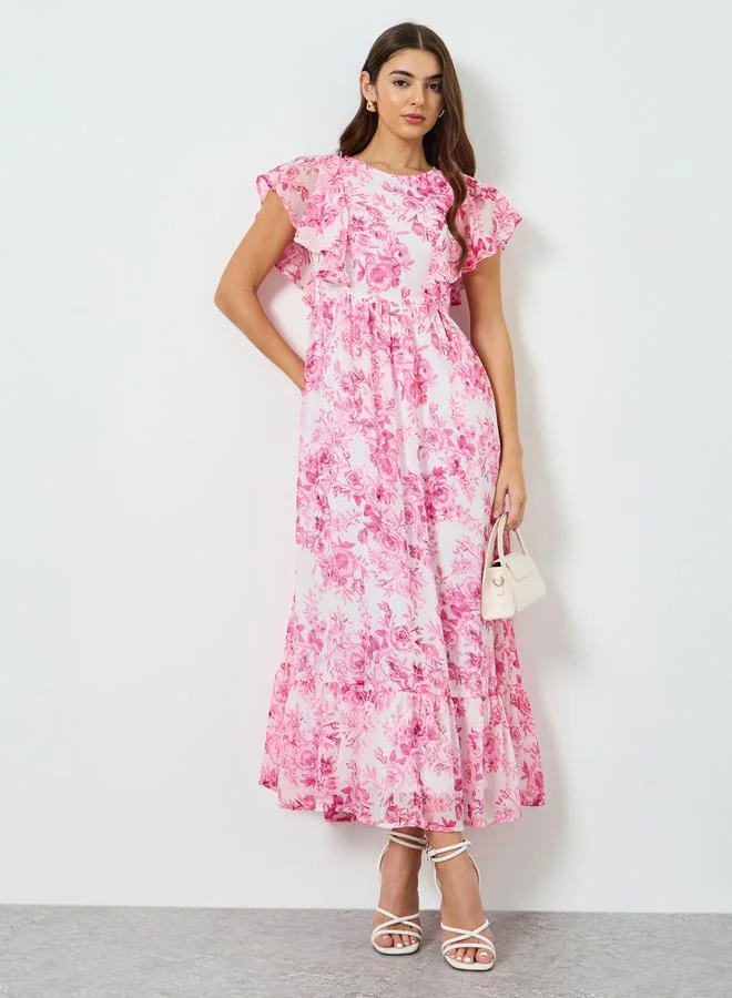 Styli  Women Pink Floral Print Ruffled Sleeves Maxi Dress for Women | Best Price UAE